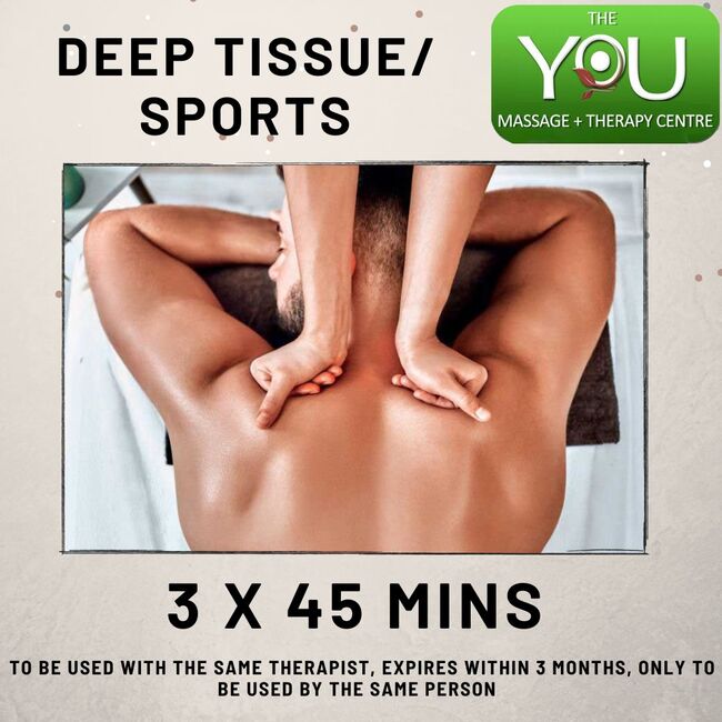 15% OFF 3x45 min Deep Tissue/Sports to be booked with the same therapist 