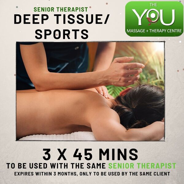 15% OFF 3x45 min Deep Tissue/Sports to be booked with the same Senior therapist 