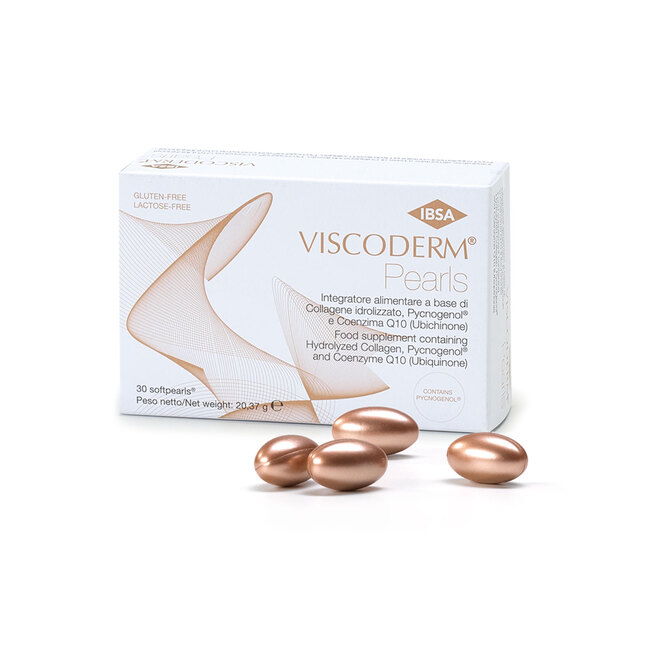 VISCODERM® Pearls  30 kpl. Softpearls® kapselia. Monikäyttöinen ravintolisä täynnä ravintoaineita, jotka vähentävät tehokkaasti ikääntymisen merkkejä lisäämällä ihon kollageeni- ja Q10-pitoisuutta.