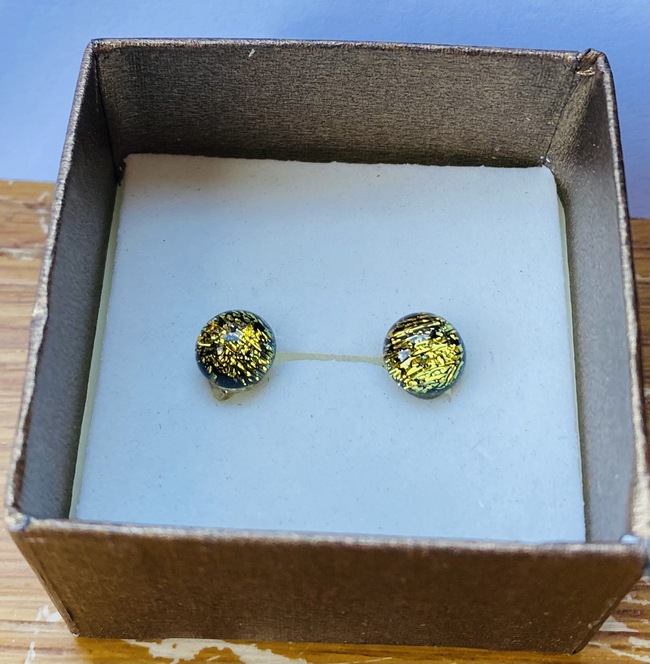 J Earring Studs Gold dichroic glass