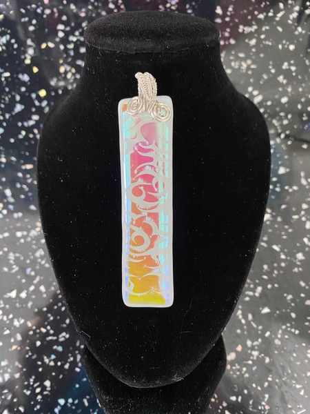 J Necklace Long white dichroic glass